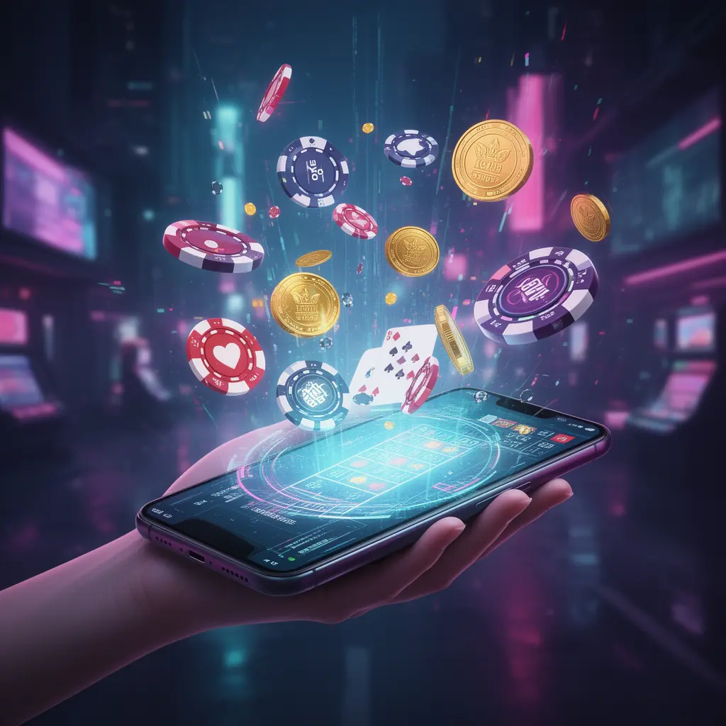 BETFUGU App – A seamless and immersive mobile casino experience for players in Kenya Futuristic holographic casino interface with floating coins and chips projected from a smartphone showcasing the BETFUGU mobile app in Kenya