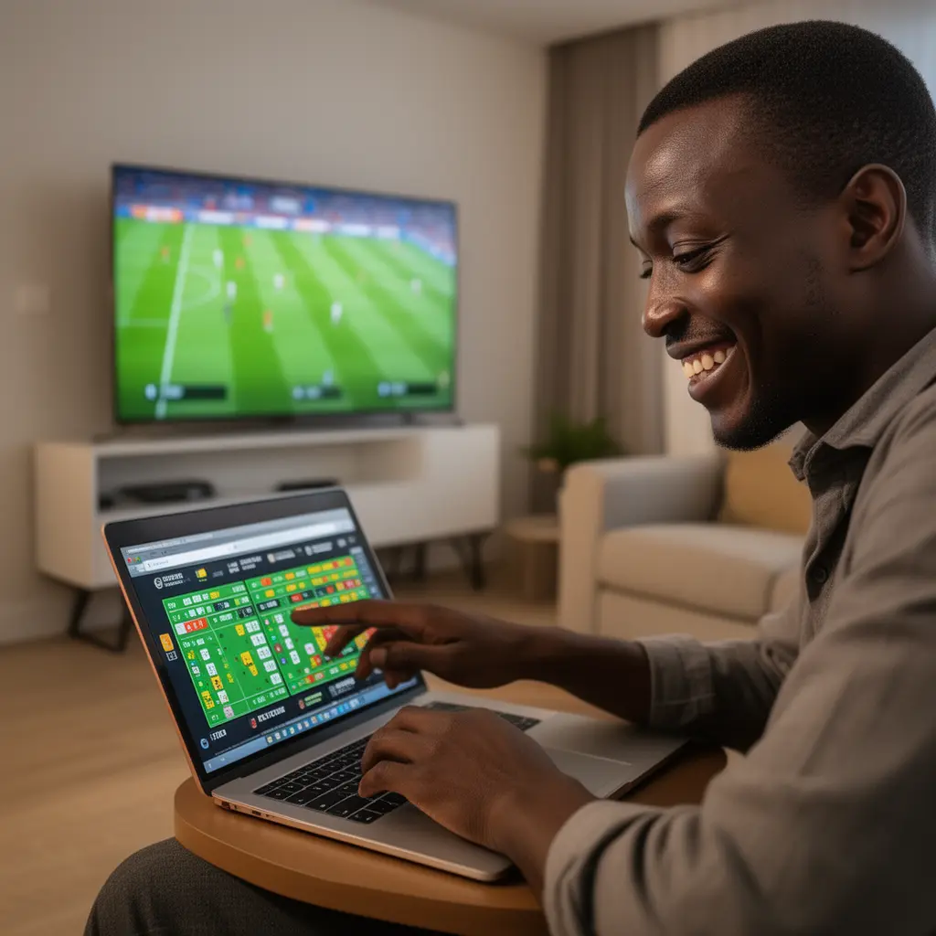 BETFUGU – Place live soccer bets online with real time odds in Kenya Focused Kenyan sports bettor using a laptop to place live soccer bets with real time odds while watching a match on TV at home with BETFUGU