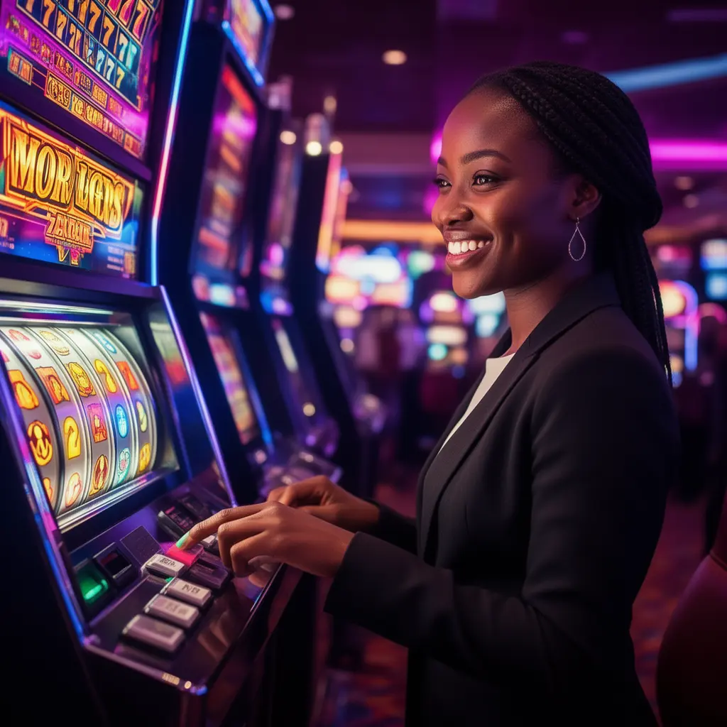BETFUGU – Discover an exciting world of online casino games for Kenyan players Happy casino player smiling while playing glowing slot machines in a modern gaming environment at BETFUGU casino in Kenya